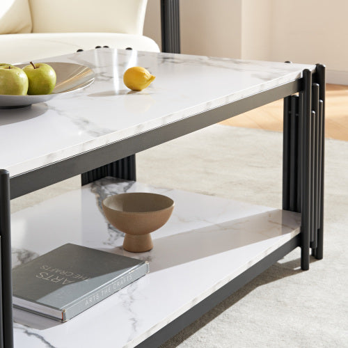 2-story Imitation Marble Patterned Coffee Table With Storage Rack