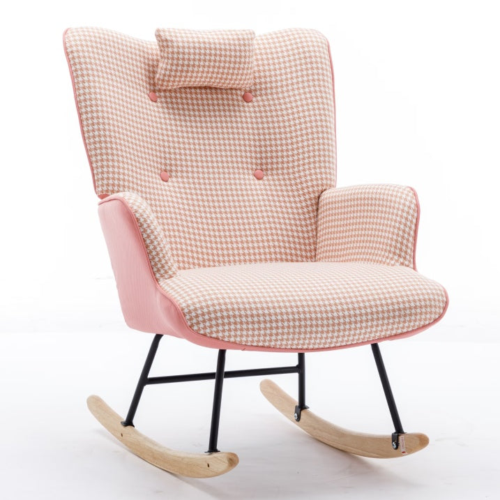 Soft Houndstooth Fabric Rocking Chair For The Baby Room, Comfortable Wingback Gliding Rocking Chair