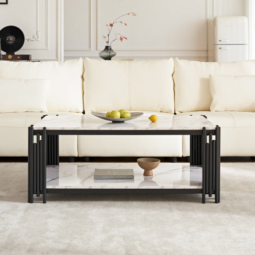 2-story Imitation Marble Patterned Coffee Table With Storage Rack