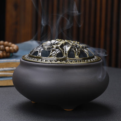 Copper Lid Ceramic Incense Burner Buddha with Antique Alloy Wire Incense Burner