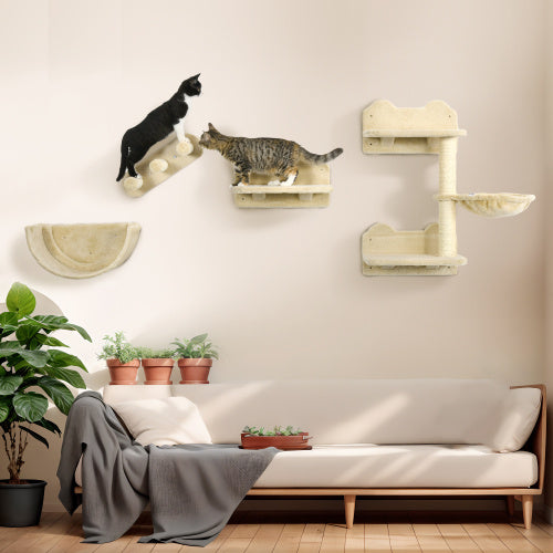 PawHut Cat Wall Shelves, 4 Pcs Cat Wall Furniture Cat Climbing Shelf With Cat Hammock, 3 Steps, Perches, Scratching Post, For Sleeping, Playing, Beige