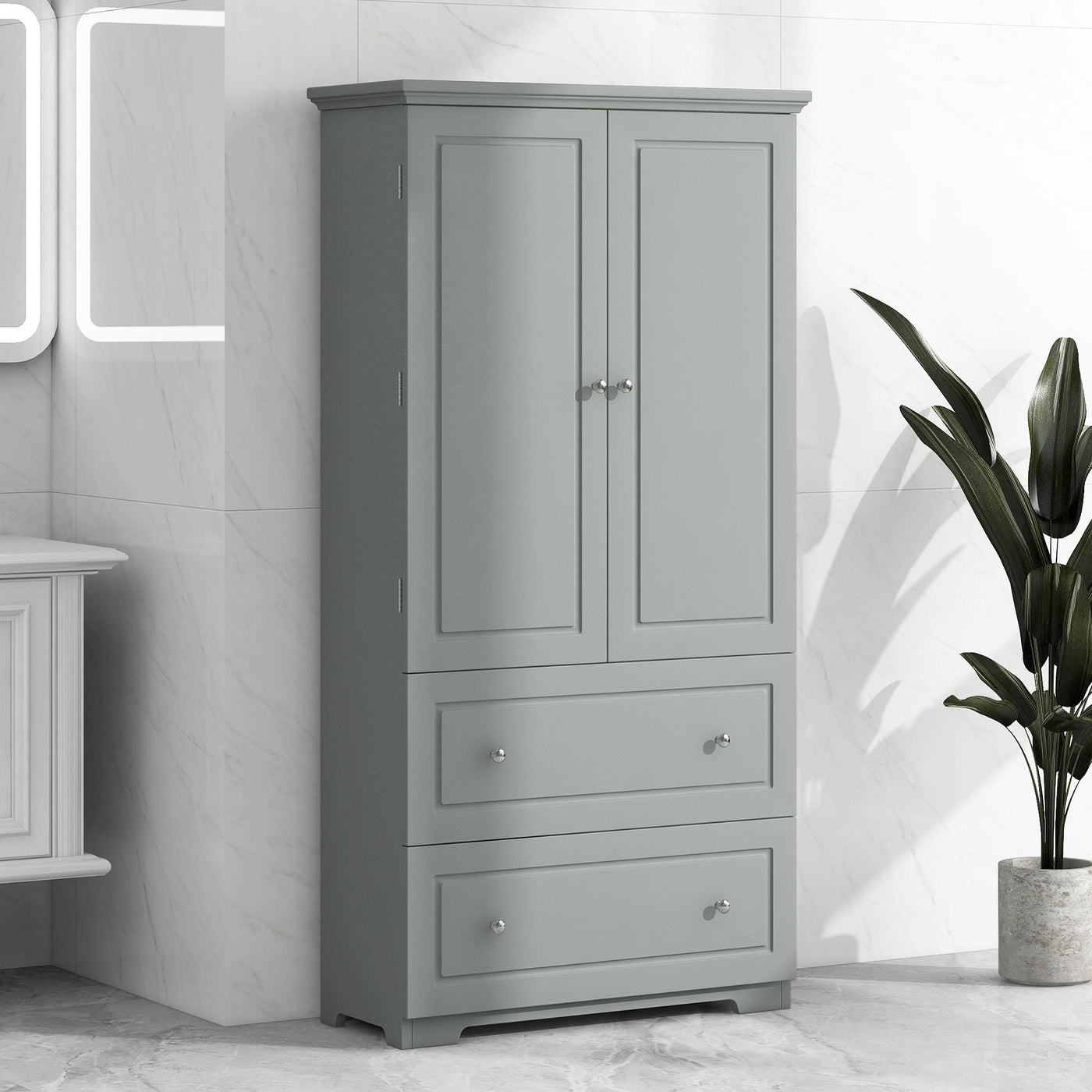 Wide Bathroom Storage Cabinet, Freestanding Storage Cabinet With Two Drawers And Adjustable Shelves, MDF Board With Paint Finish, Grey