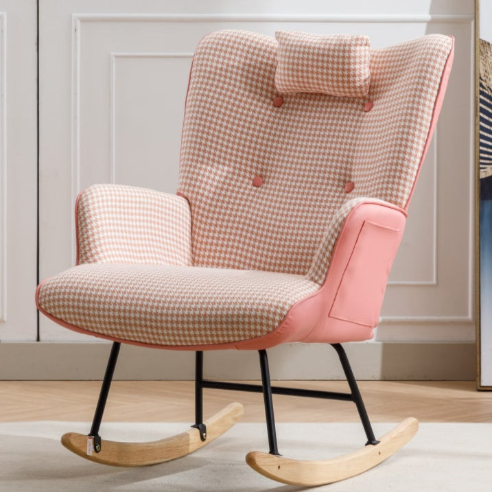 Soft Houndstooth Fabric Rocking Chair For The Baby Room, Comfortable Wingback Gliding Rocking Chair