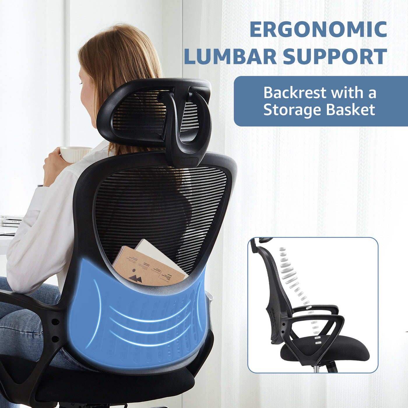 High Back Mesh Rolling Work Chair With Wheels And Adjustable Headrests