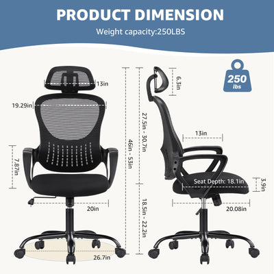 High Back Mesh Rolling Work Chair With Wheels And Adjustable Headrests