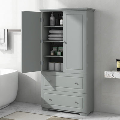 Wide Bathroom Storage Cabinet, Freestanding Storage Cabinet With Two Drawers And Adjustable Shelves, MDF Board With Paint Finish, Grey