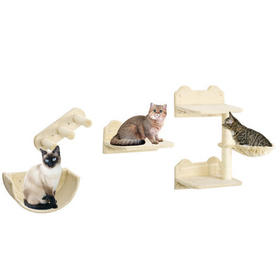 PawHut Cat Wall Shelves, 4 Pcs Cat Wall Furniture Cat Climbing Shelf With Cat Hammock, 3 Steps, Perches, Scratching Post, For Sleeping, Playing, Beige