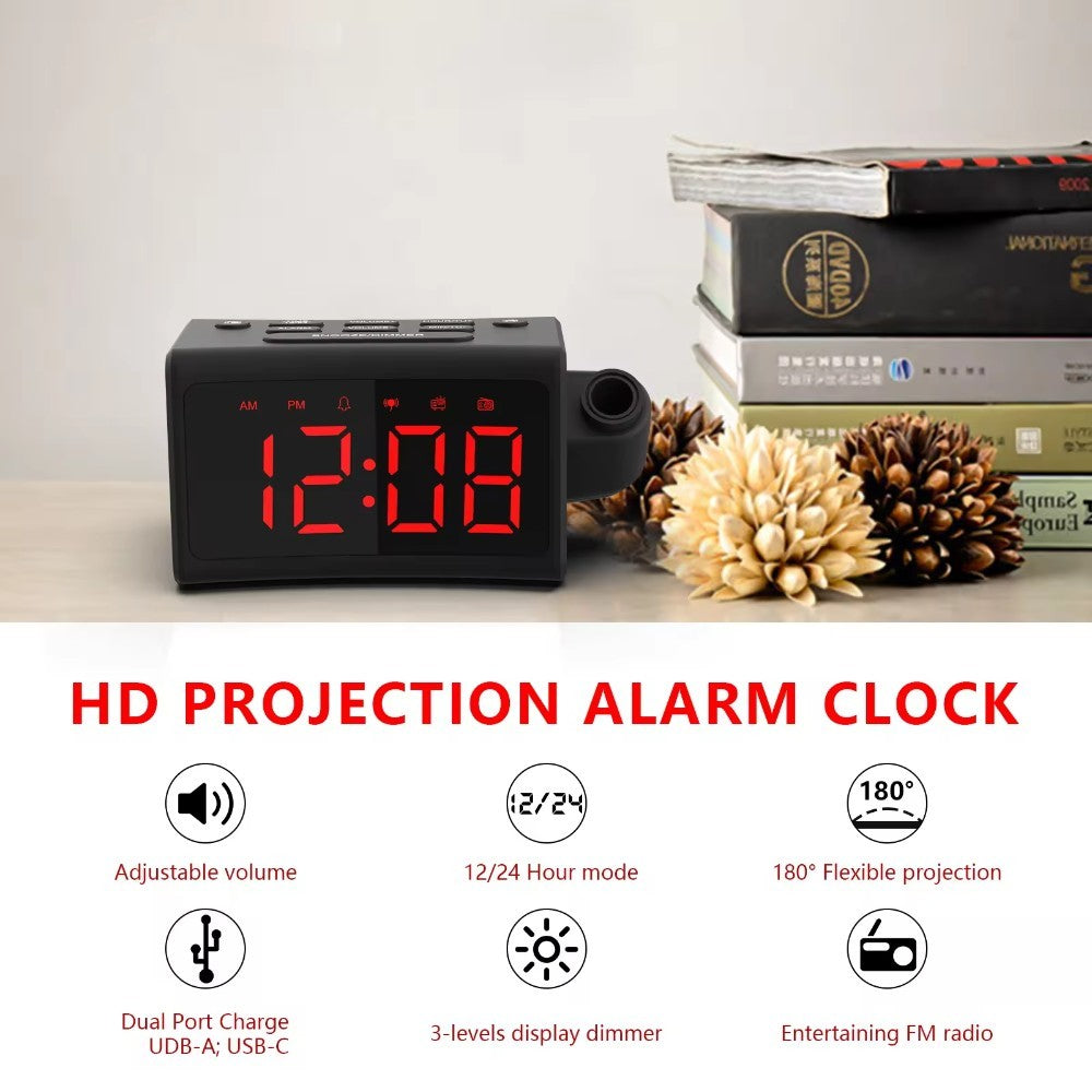 Tabletop Bedroom Large Alarm Clock With Projected LED Digital Clock Display With FM Radio