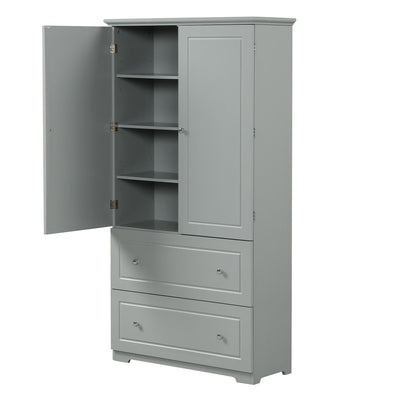 Wide Bathroom Storage Cabinet, Freestanding Storage Cabinet With Two Drawers And Adjustable Shelves, MDF Board With Paint Finish, Grey