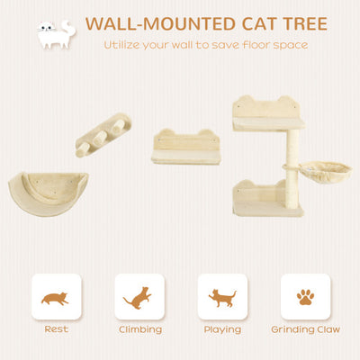 PawHut Cat Wall Shelves, 4 Pcs Cat Wall Furniture Cat Climbing Shelf With Cat Hammock, 3 Steps, Perches, Scratching Post, For Sleeping, Playing, Beige