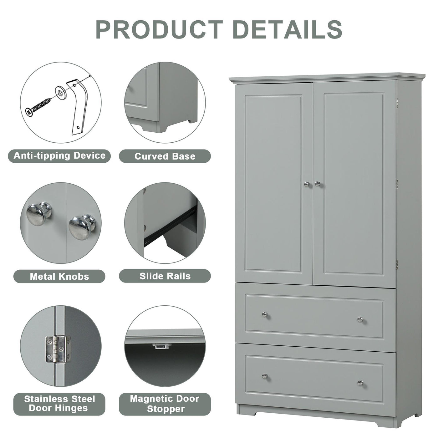 Wide Bathroom Storage Cabinet, Freestanding Storage Cabinet With Two Drawers And Adjustable Shelves, MDF Board With Paint Finish, Grey