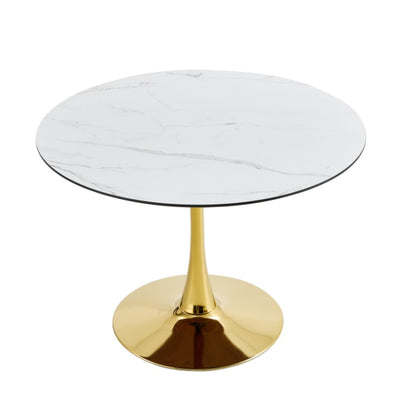 LIVING ROOM DINING TABLE-WHITE ROUND TABLE WITH GOLD LEGS 80CM IN DIAMETER.