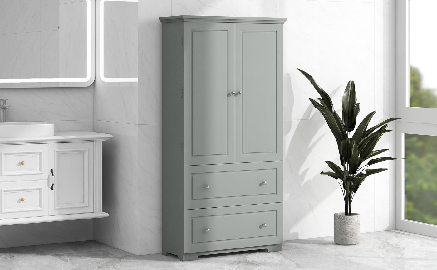 Wide Bathroom Storage Cabinet, Freestanding Storage Cabinet With Two Drawers And Adjustable Shelves, MDF Board With Paint Finish, Grey