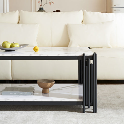 2-story Imitation Marble Patterned Coffee Table With Storage Rack