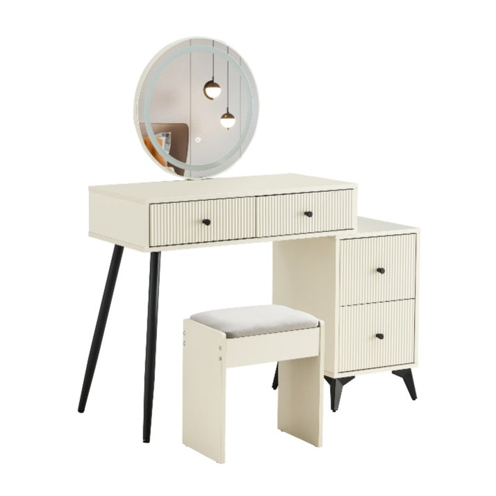 Fluted Makeup Vanity Desk With Round LED Mirror And Lights, Modern Glass Top Big Vanity Table With 4 Drawers  Adjustable Shelves