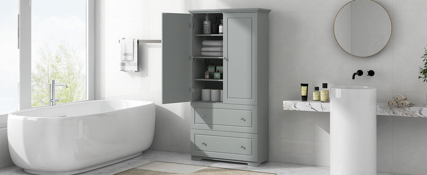 Wide Bathroom Storage Cabinet, Freestanding Storage Cabinet With Two Drawers And Adjustable Shelves, MDF Board With Paint Finish, Grey