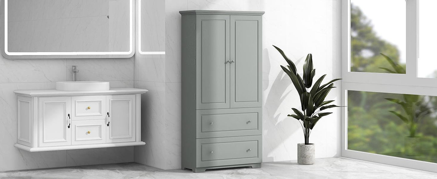 Wide Bathroom Storage Cabinet, Freestanding Storage Cabinet With Two Drawers And Adjustable Shelves, MDF Board With Paint Finish, Grey