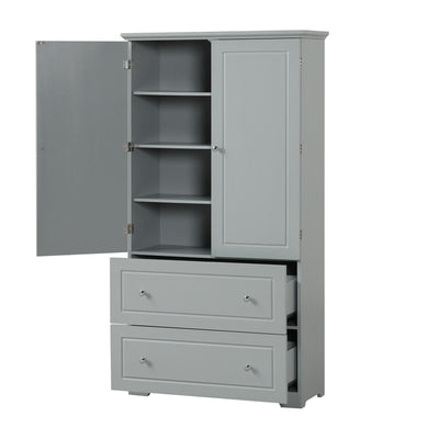 Wide Bathroom Storage Cabinet, Freestanding Storage Cabinet With Two Drawers And Adjustable Shelves, MDF Board With Paint Finish, Grey